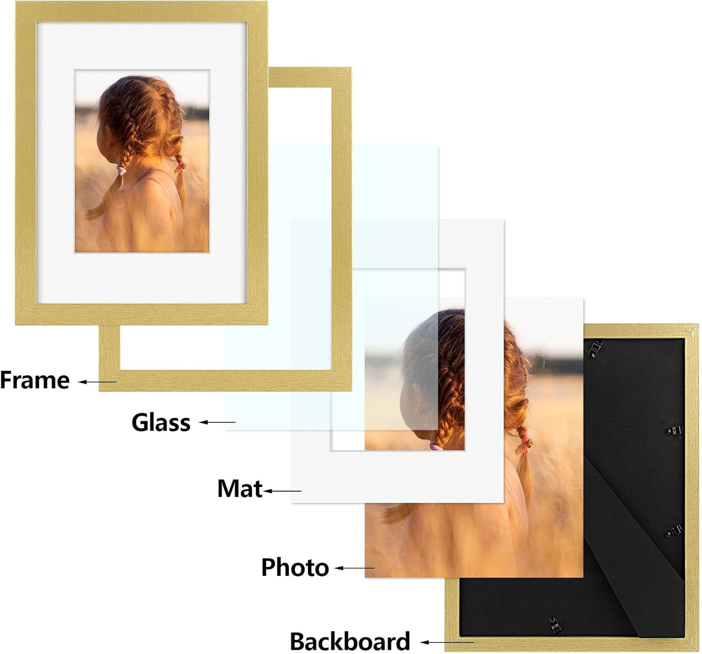 Golden State Art, 9x12 Picture Frame with Mat for 6x8 - High Definition Glass Wall Mounting Horizontal Vertical Display (Gold, 2 Pack)