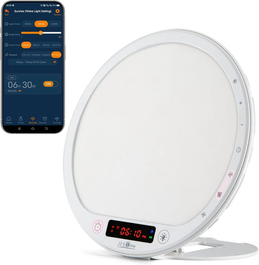Light Therapy Alarm Clock Wake up Light 10000 lux Sunrise lamp Bright Light Alarm Clock APP Control Built in Lithium Battery Portable for Travel
