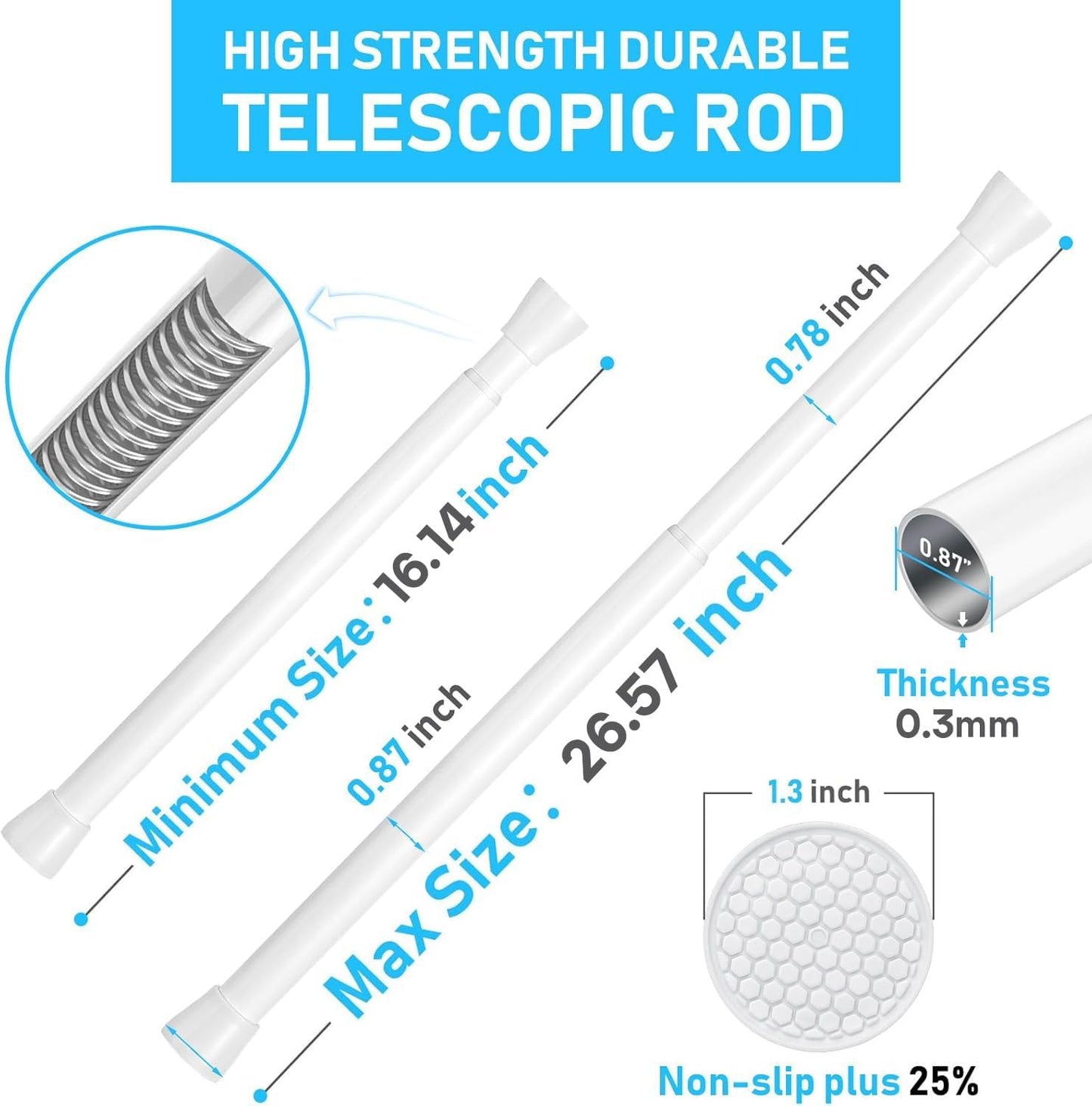 2 Pack White Tension Rod 16 To 26 Inch Spring Tension Rod Adjustable Spring Curtain Rods No Drilling Short Curtain Rod Extendable Small Spring Tension Rod for Closet Cupboard Bars Refrigerator
