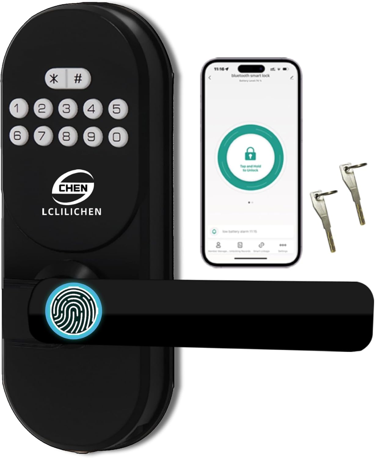 Keyless Entry Door Lock with Handle, Smart Fingerprint Deadbolt, APP Control & Keypad Password Unlock for Front Door, Home, Apartment