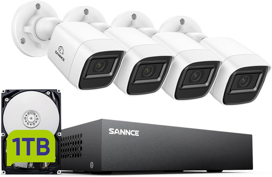 SANNCE 8CH 1080P Security Camera System DVR and 4x2.0MP Indoor Outdoor IP66 Weatherproof Bullet CCTV Cameras with IR 100ft Night Vision LEDs, Easy Remote Access,Home Surveillance System（1TB HDD）