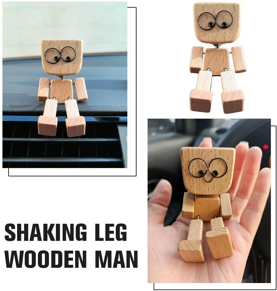 Shaking Wooden Man Doll with 12 Magnetic Changeable Faces - Handmade Shaking Wooden Man Figurine for Car Dashboard, Desk, Office Decor