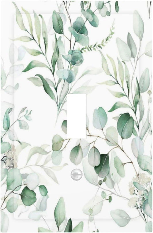 Boho Green Eucalyptus Leaf Floral Plants Flowers Decorative Light Switch Cover 1 Gang Single Toggle Device Electrical Faceplate Switchplates Decorator Outlet Wall Plate for Bed Room Living Room Decor