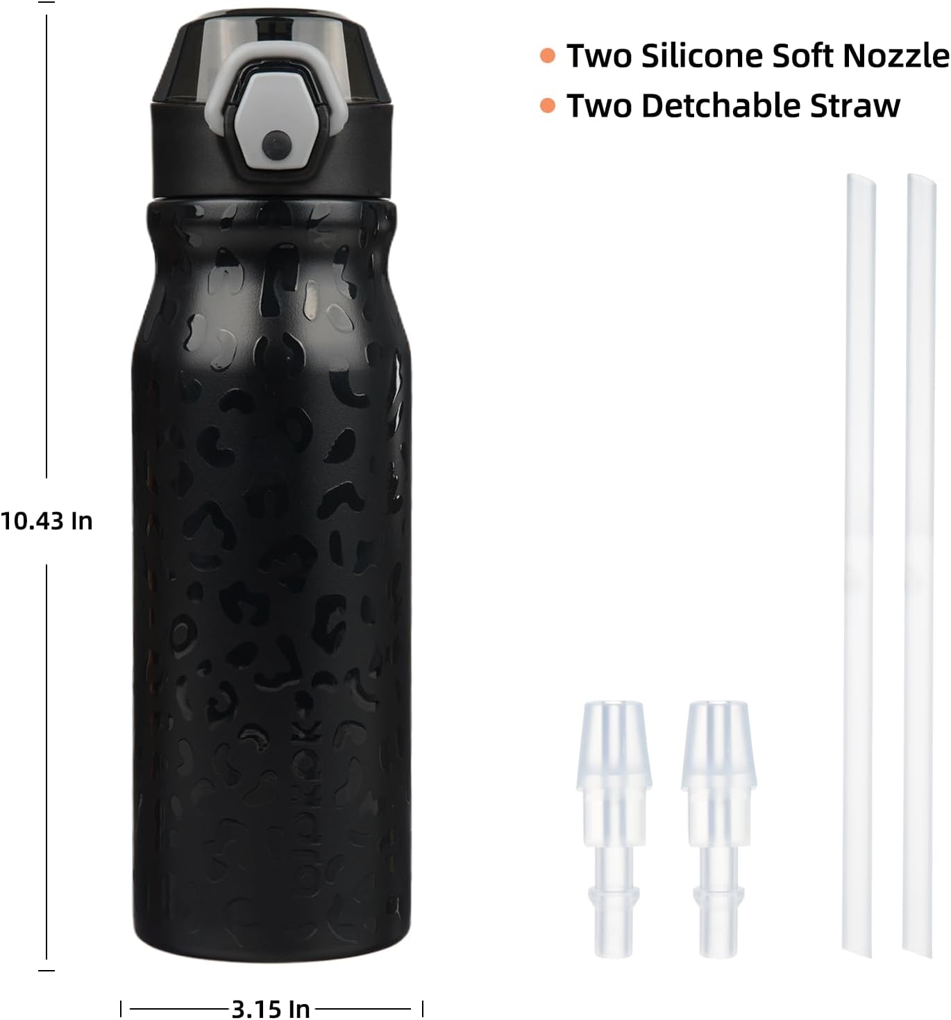 BJPKPK 25oz Insulated Water Bottle with Straw Stainless Steel Double Wall Water Bottles BPA Free Leak Proof Thermal Flask with Lockable Flip Lid and Soft Silicone Spout,Black Leopard