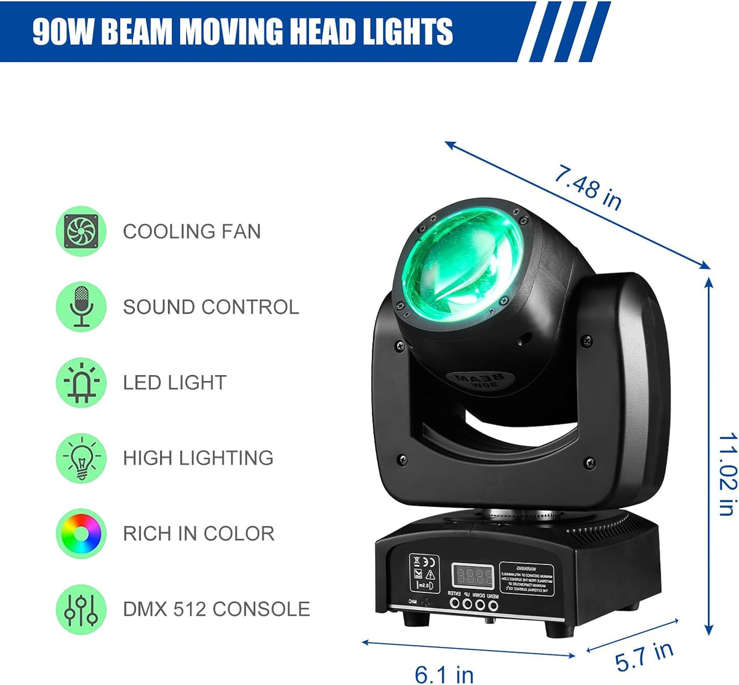 90W LED Moving Head DJ Lights Mini Beam Stage Lights Super Bright Spot RGBW 4IN1 DMX 512 13CH Sound-Activated for Wedding DJ Party Stage Lighting (90W, 1)