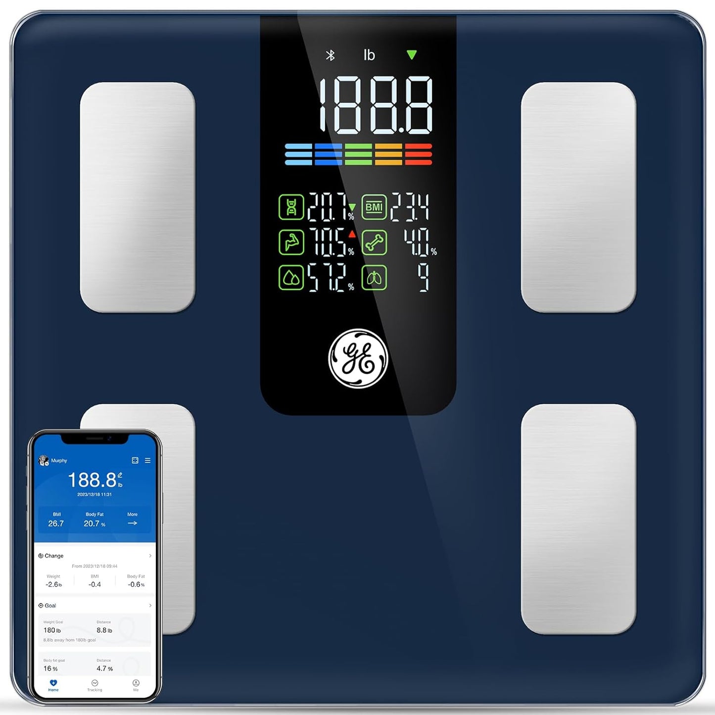 GE Smart Scale for Body Weight, BMI, Body Fat, Muscle Mass, Digital Bathroom Scales 500lbs for Bluetooth Weight Monitor 11.8" Large Platform Weighing Machine Health Analyzer with App, Dark Blue