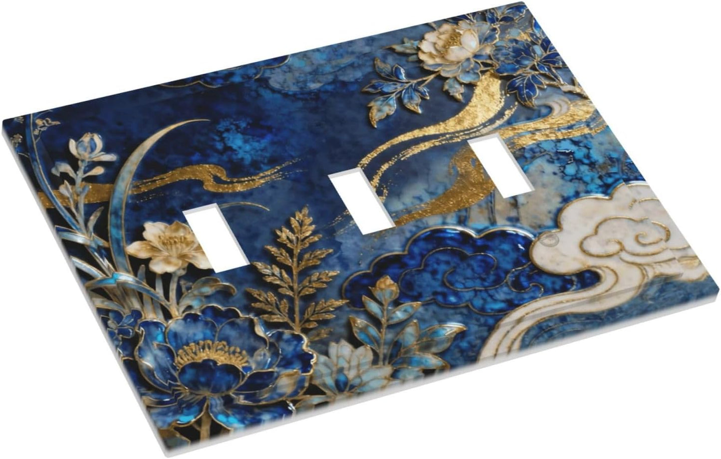 Decorative Light Switch Cover Plate Blue White Flower Gold Line Cloud 3 Gang Wall Plates for Electrical Outlets Triple Toggle Switch Plate Covers Outlet Covers Faceplate for Home Decor