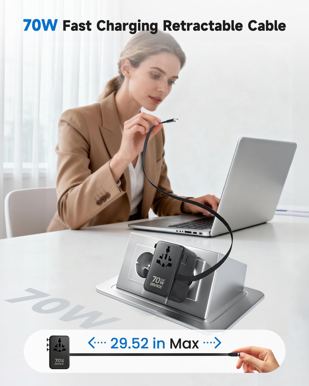 DOACE 70W Travel Adapter GaN 3.0, European Travel Plug Adapter with Built-in USB-C Cable, 6 in 1 International Power Adapter USB-C PD Fast Charging for EU/UK/USA/AUS