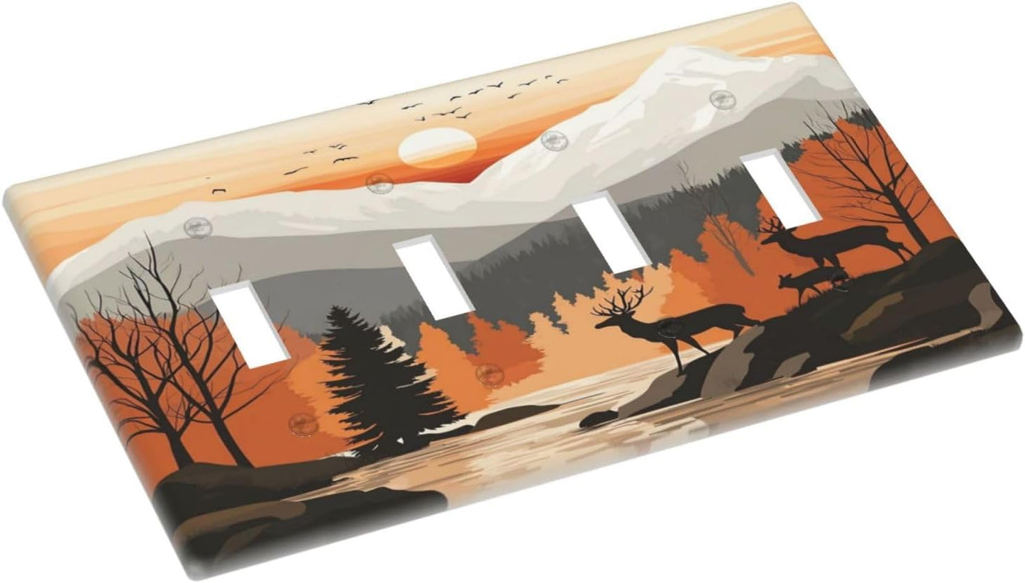Sun Forest Deer Snow Mountain River Light Switch Covers Quad Toggle Electrical Faceplate 4 Gang Wall Plate Decorative Switch Plates For Bed Room Living Room Decor