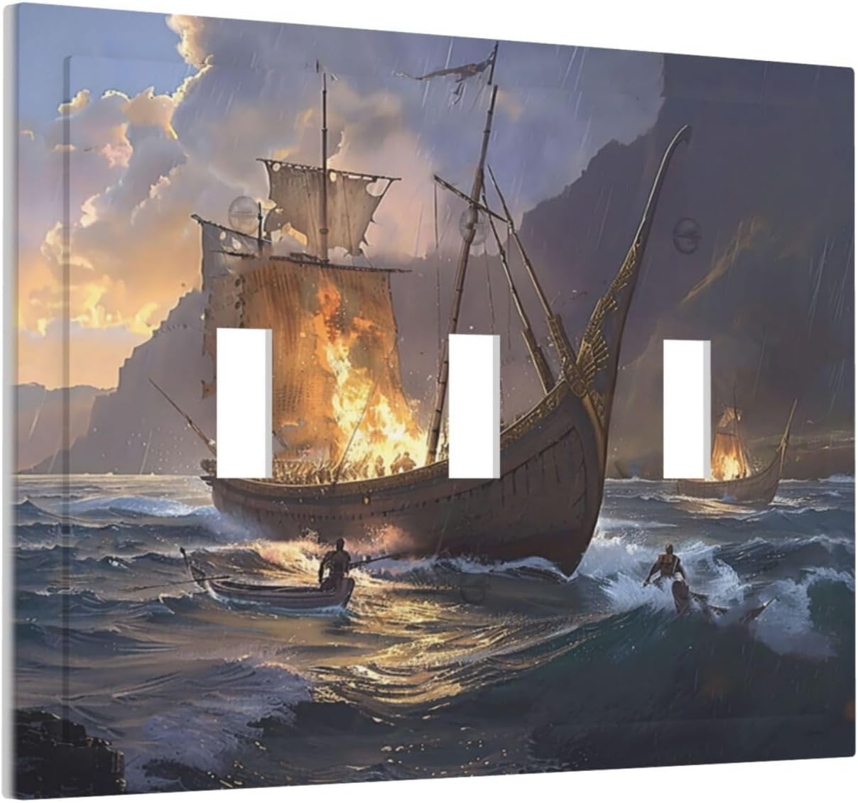 Decorative Light Switch Cover Plate Medieval Vintage Sailing Adventure Sailings Ocean Waves 3 Gang Wall Plate Triple Toggle Switch Plate Covers Electrical Outlet Cover for Bedroom Cabin