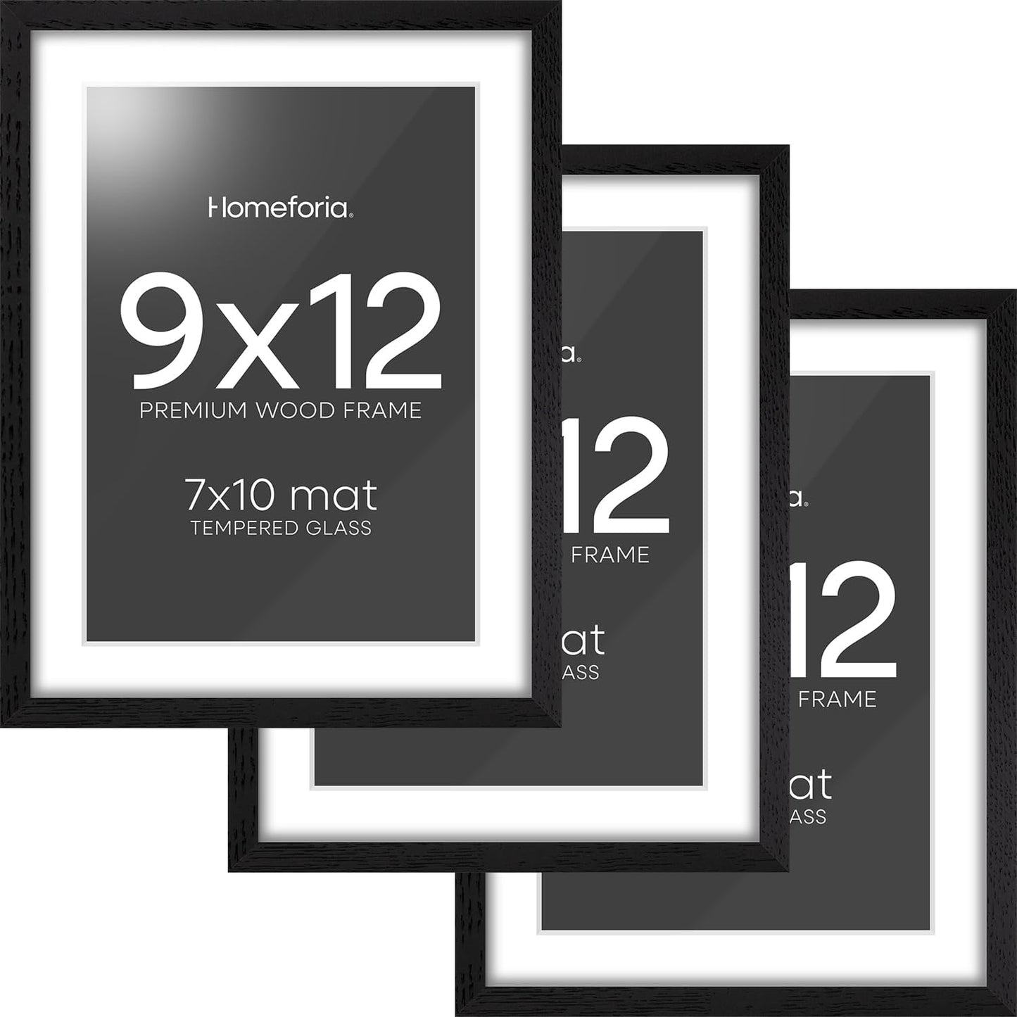 Homeforia 9x12 Black Wood Picture Frame, High End Oak 9 x 12 Frames with Mat 7 by 10 Art, 9by12 Black Wooden Frame Matted to 7x10 inch Photo, Wall or Tabletop Frame, Tempered Glass, Wall Kit, Set of 3