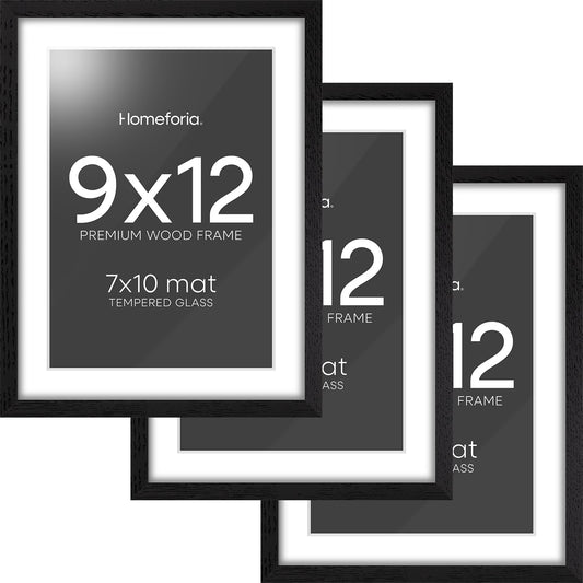 Homeforia 9x12 Black Wood Picture Frame, High End Oak 9 x 12 Frames with Mat 7 by 10 Art, 9by12 Black Wooden Frame Matted to 7x10 inch Photo, Wall or Tabletop Frame, Tempered Glass, Wall Kit, Set of 3