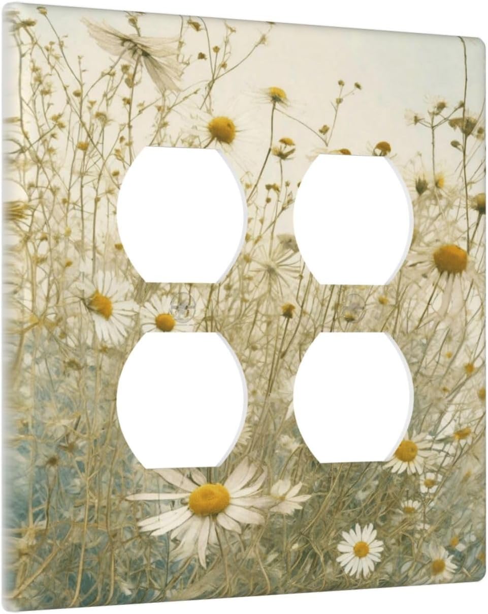 White Wildflowers Daisy Vintage Floral Outlet Covers 2 Gang Double Duplex Decorative Light Switch Covers Electrical Wallplates Socket Faceplate for Bed Room Living Room Decor