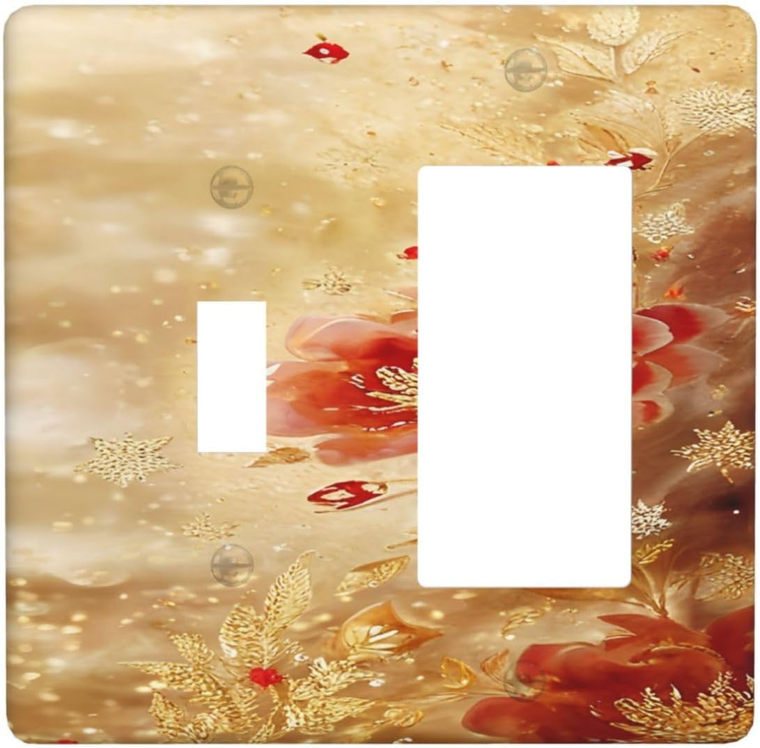 Decorative Outlet Covers Golden Leaf Red Peony Flowers Floral 2 Gang 1 Gang Wall Plate Cover Single Toggle Rocker Combo Light Switch Cover Plate Face Plate