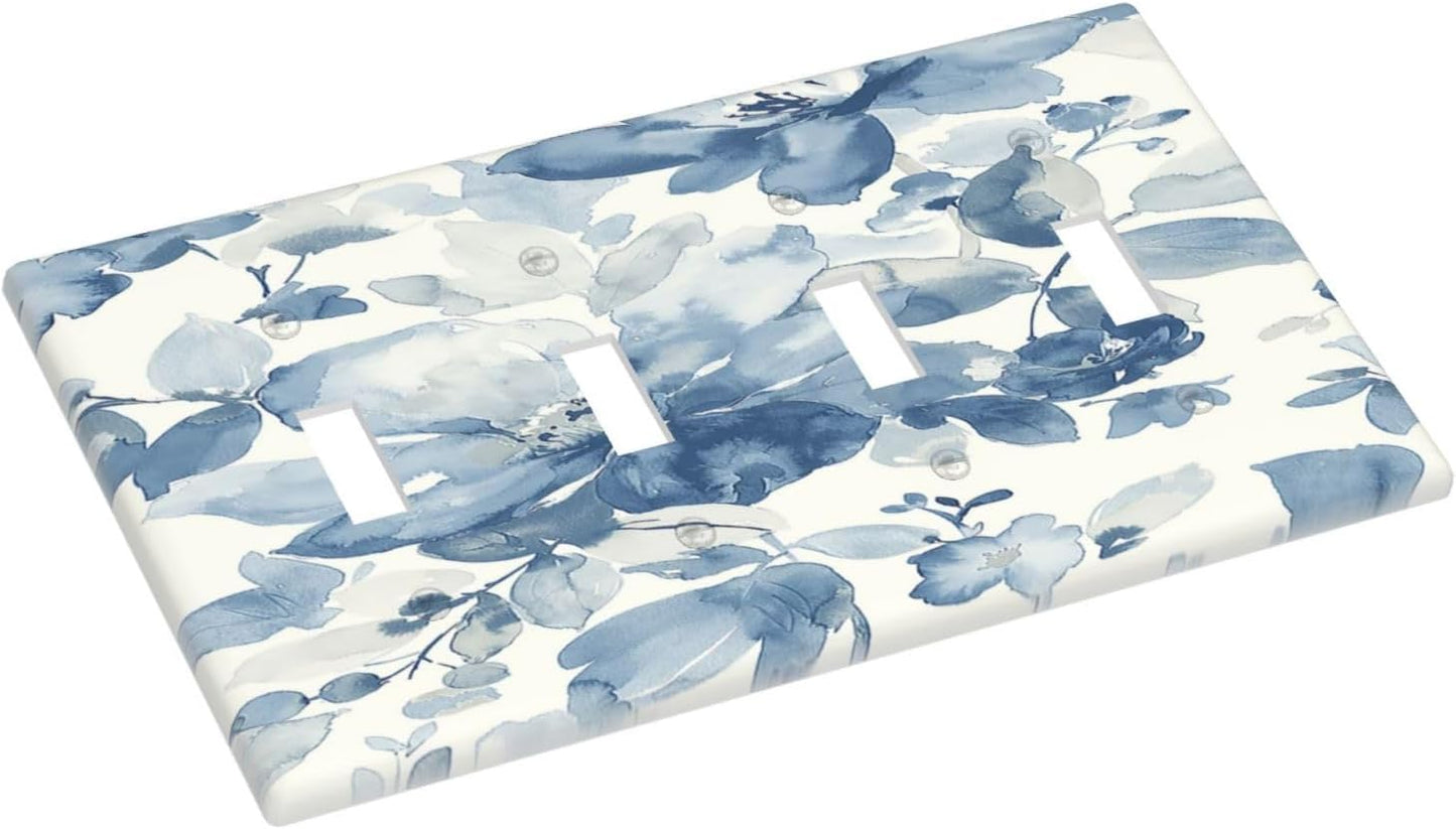 Light Switch Covers Blue Watercolor Floral Quad Toggle Electrical Faceplate 4 Gang Wall Plate Decorative Switch Plates for Bedroom Bathroom Decor