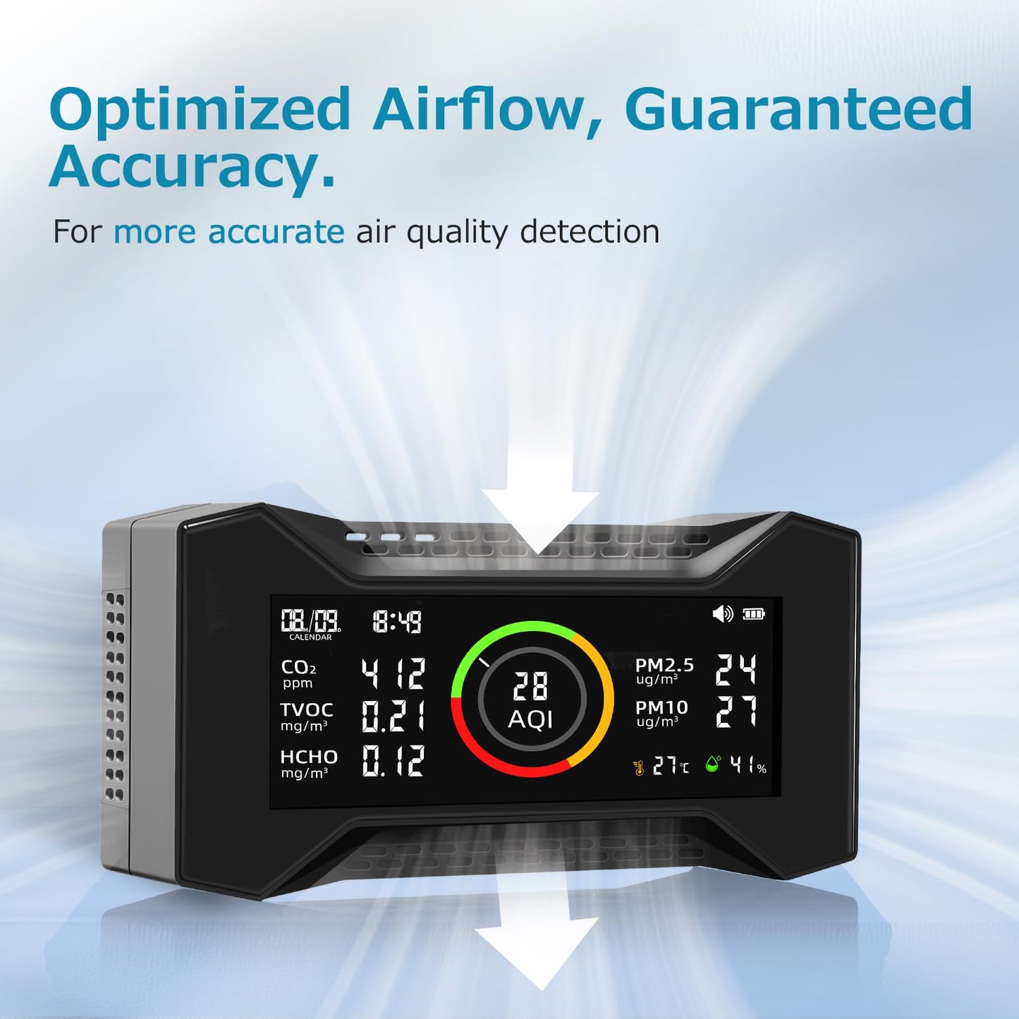8-in-1 Air Quality Monitor Indoor, Portable Air Quality Tester CO2 Monitor (PM2.5, PM10, CO2, VOC, Formaldehyde, Humidity, Temp) 2600mAh Long-Lasting Battery Sleep-Friendly Display