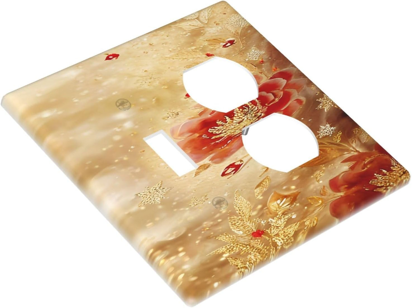 Decorative Outlet Covers Golden Leaf Red Peony Flowers Floral 2 Gang Wall Plate Cover Single Toggle Duplex Combo Two Switch Light Switch Cover Plate Jumbo Faceplate
