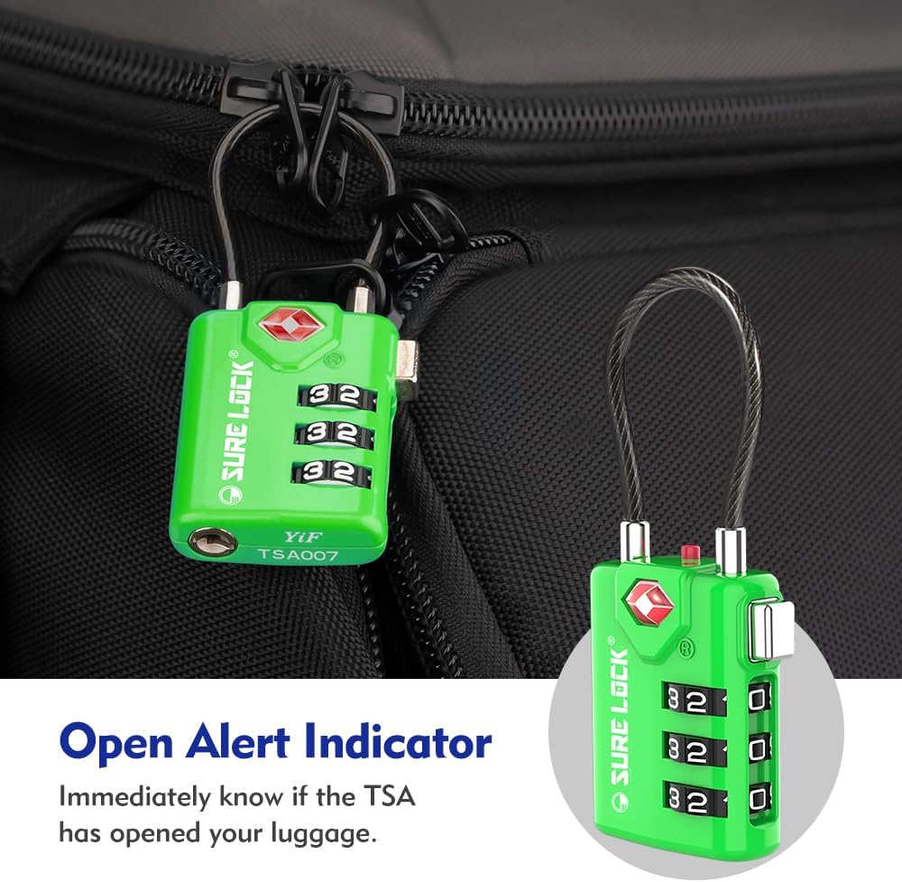 SURE LOCK TSA Compatible Travel Luggage Locks, Inspection Indicator, Easy Read Dials TSA Approved with Zinc Alloy Green 4PACK