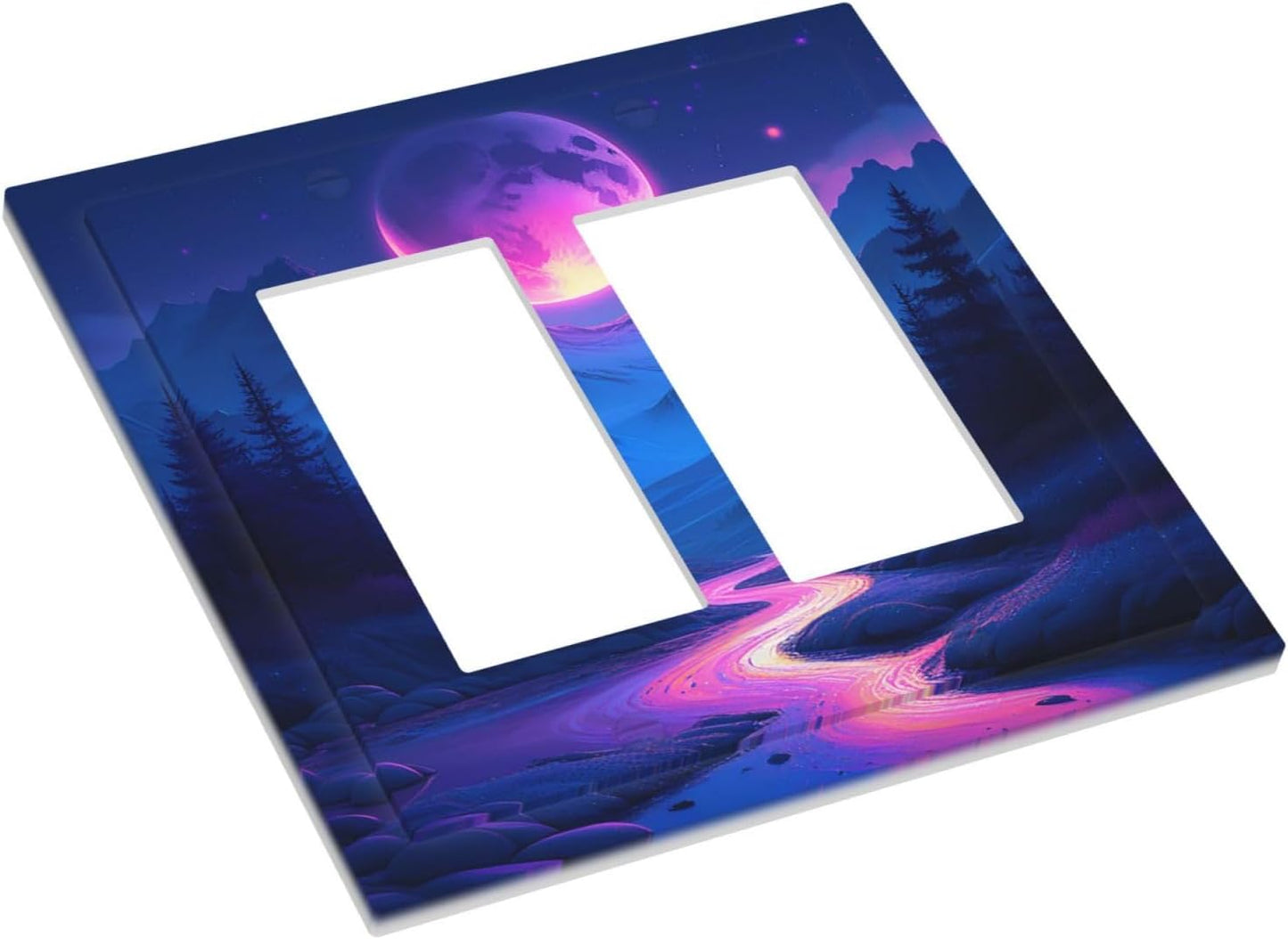 Purple Cyberpunk River Full Moon Mountain Forest Decorative Outlet Covers 2 Gang Double GFCI Rocker Light Switch Cover Plate Electrical Wall Panels for Bedroom Bathroom Decor