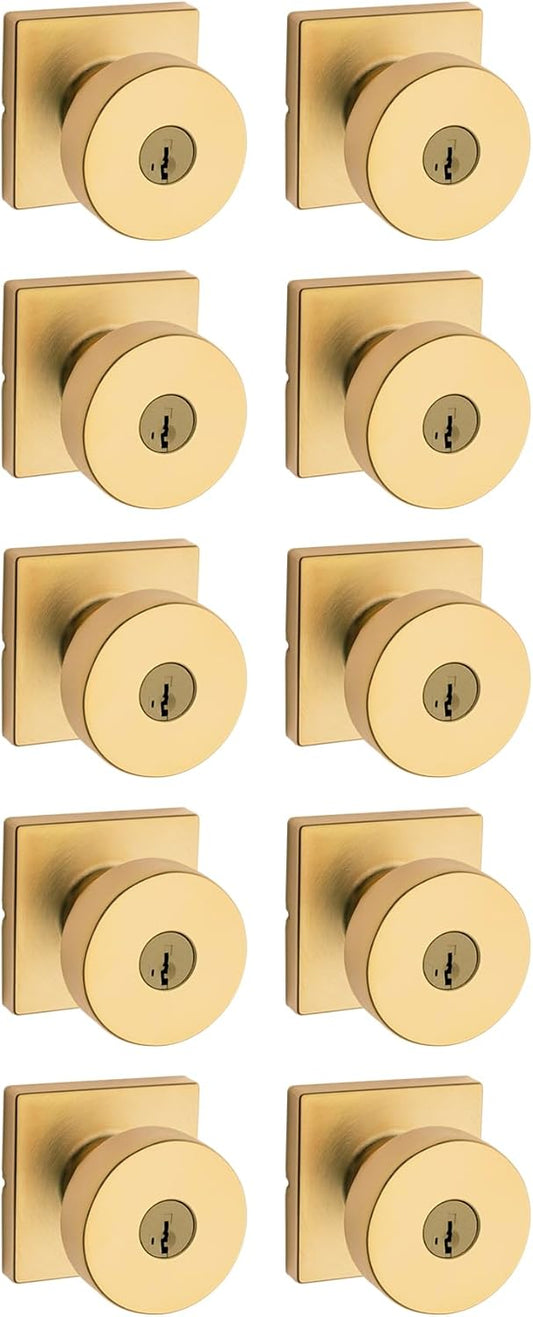 Kwikset Pismo Entry Door Knob with Lock and Key, Secure Keyed Handle Exterior, Front Entrance and Bedroom, Satin Brass, 10 Pack, Pick Resistant SmartKey Rekey Security