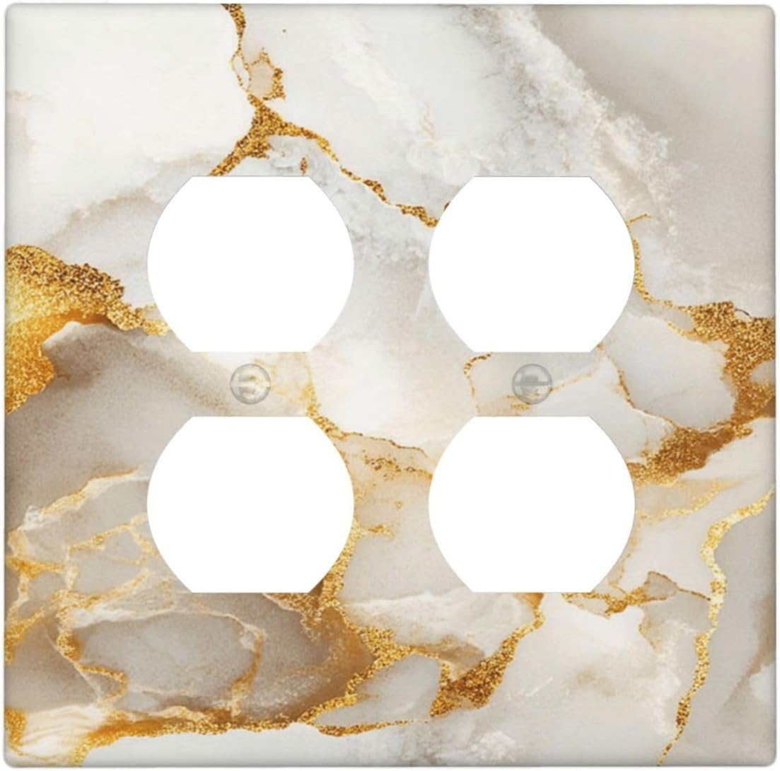 Gold Marble Crack Simple Abstract Print Outlet Covers 2 Gang Double Duplex Decorative Light Switch Covers Electrical Wallplates Socket Faceplate for Bathroom Kitchen Home Decor