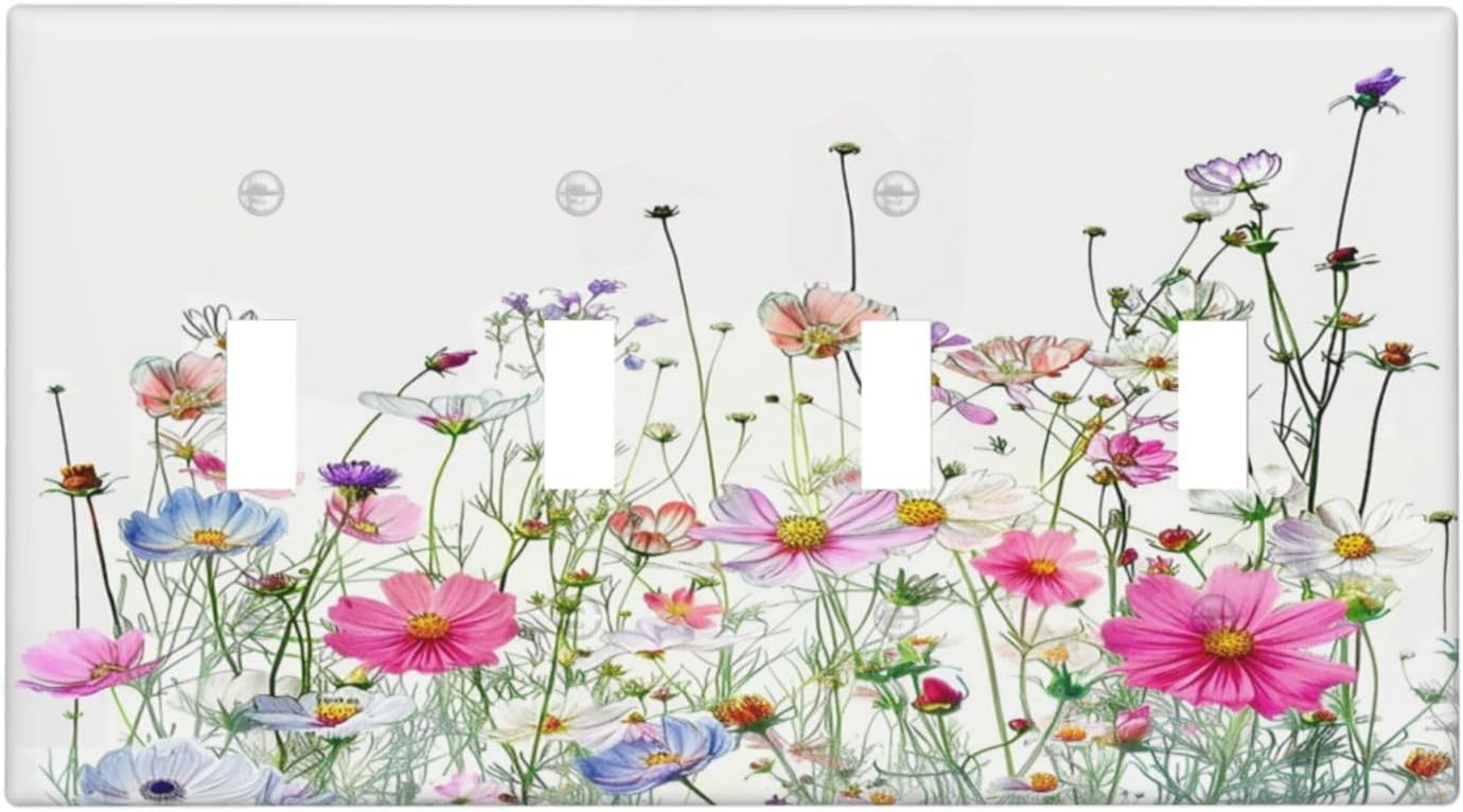 Light Switch Covers Boho Colorful Flowering Plant Wild Flower Quad Toggle Electrical Faceplate 4 Gang Wall Plate Decorative Switch Plates For Bed Room Living Room Decor