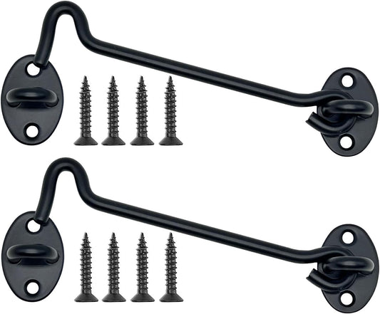 2-Pack 8Inch Door Lock Gate Latch Premium Stainless Steel Hook and Eye Gate Latch Cabin Hook with 16pcs Screws, Black