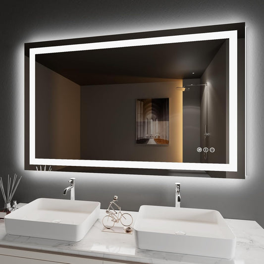 Amorho 50"X32" LED Bathroom Mirror, Front and Backlight Stepless Dimmable, Wall Mirrors with Defogger, Shatter-Proof, Memory, 3 Colors Lighting, Double LED Vanity Mirror, ETL Listed.