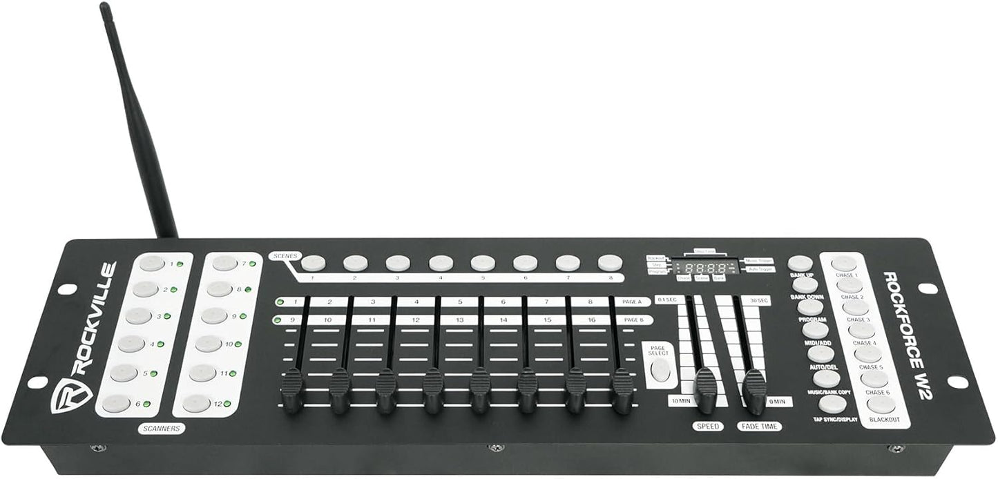 Rockville ROCKFORCE W2 192-Channel Wireless 2.4GHz DMX Lighting Controller, Built-In Transmitter, Music Triggering, Programmable Scenes, for DJs and Stage Lighting