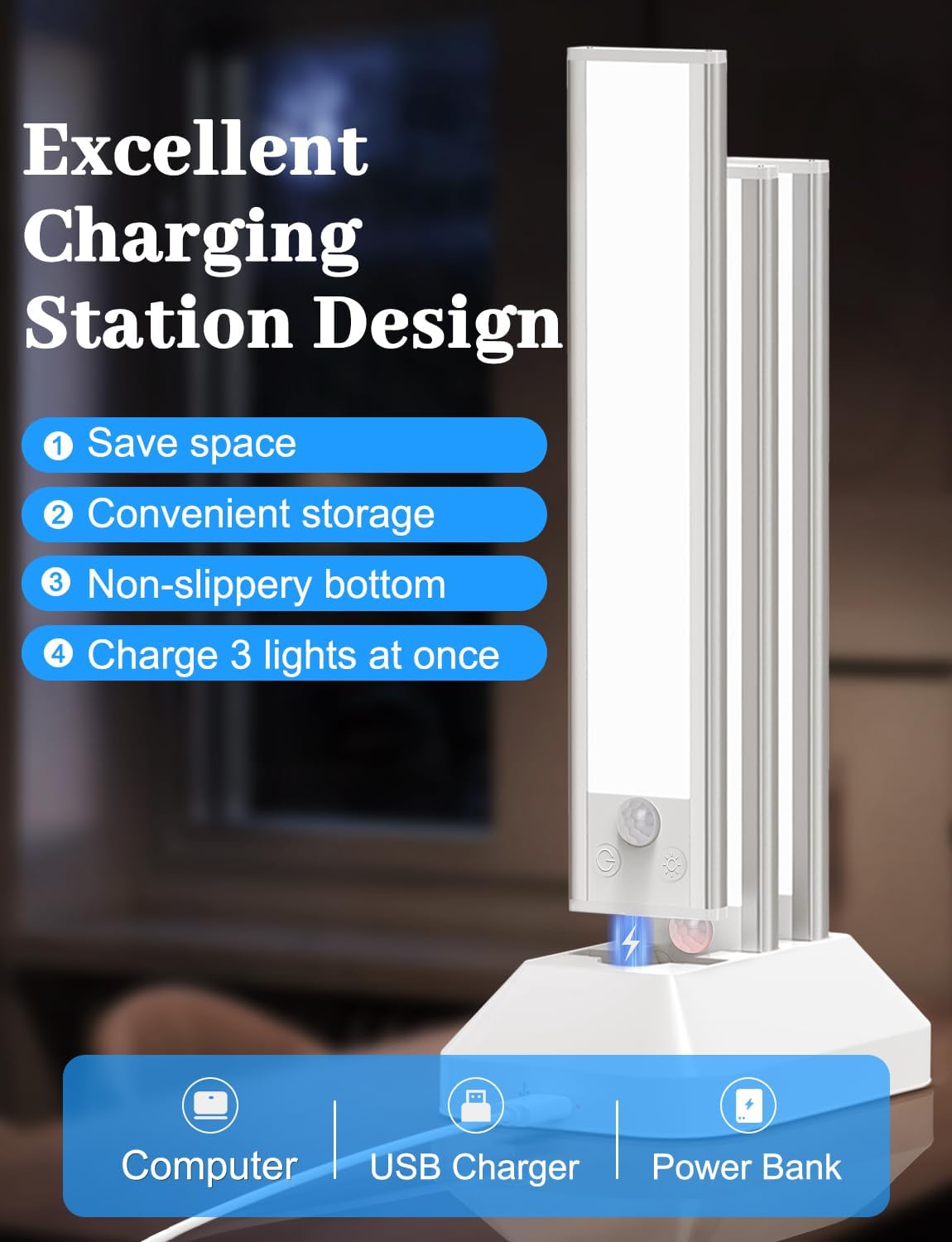Under Cabinet Lighting with Charging Station, 2200mAh Rechargeable Motion Sensor Light Indoor, Dimmable Closet Lights with 3 Color Tempers, Magnetic Under Cabinet Lights for Kitchen Wireless, 3-Pack