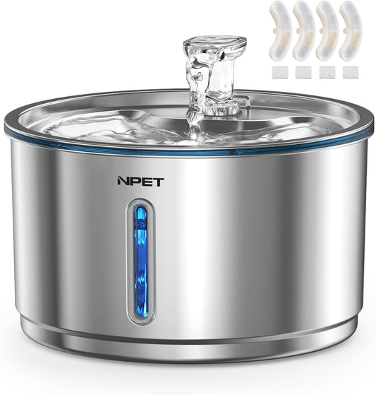 NPET Stainless Steel Cat Water Fountain, 1Gallon/135oz Automatic Pet Drinking Fountain Dog Water Dispenser with 4 Replacement Filters for Cats Indoor