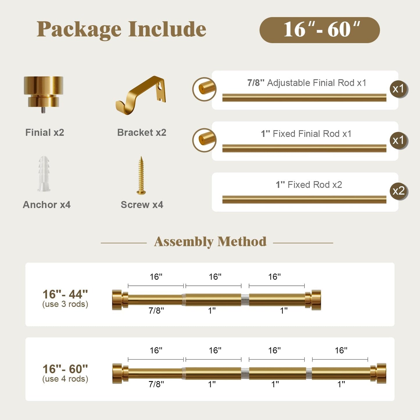 Oneach Heavy Duty Curtain Rods for Windows 28 to 48 Inch, 1 Inch Brass Gold Curtain Rod, Adjustable Length Rod with Metal Finials, Modern Decorative for Bedroom Kitchen Living Room (16 to 60 Inch)
