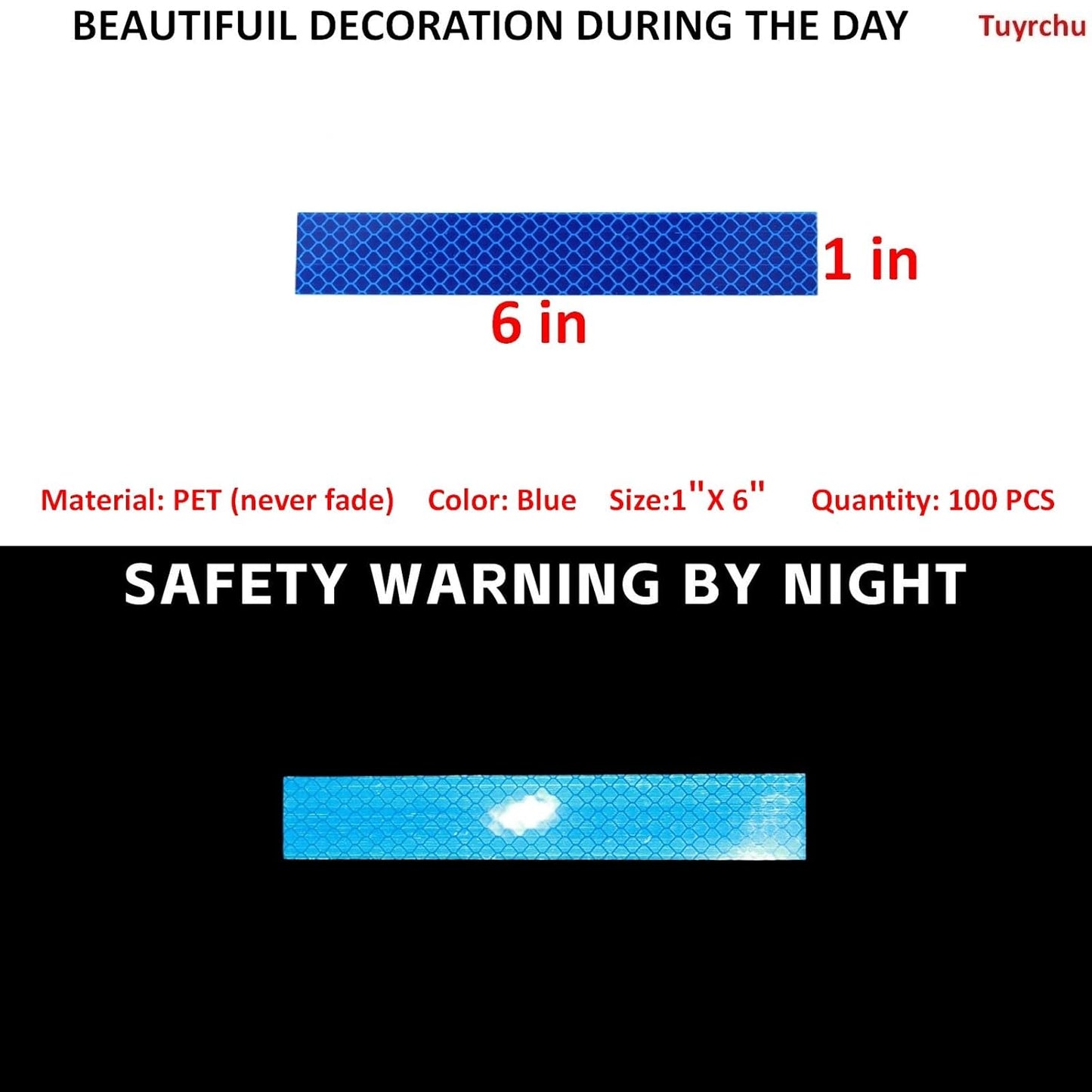 Non Fading Blue Reflective Stickers 1 inch X 6 inch, Outdoor Waterproof High Visibility Warning Safety Adhesive Reflector Tape (100 Pcs)