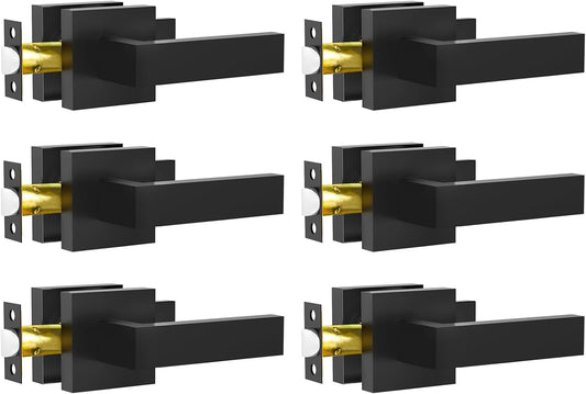 Passage Door Lever, 6 Pack Matte Black Interior Door Handles for Hallway and Closet, Heavy Duty Square Interior Keyless Door Handles Non-Locking Door Knobs for Right & Left Side Door