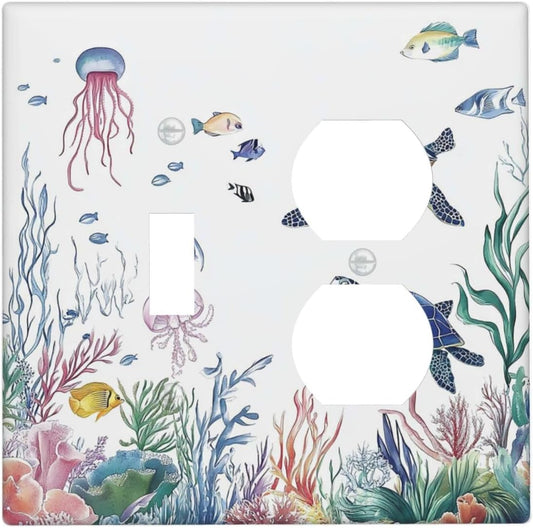 Blue Sea Turtle Ocean Fish Octopus Coral Wallplates 1 Toggle 1 Duplex Switch Plate Electrical Gfci Faceplate Decorative Light Switch Covers For Bathroom Kids Room Decor