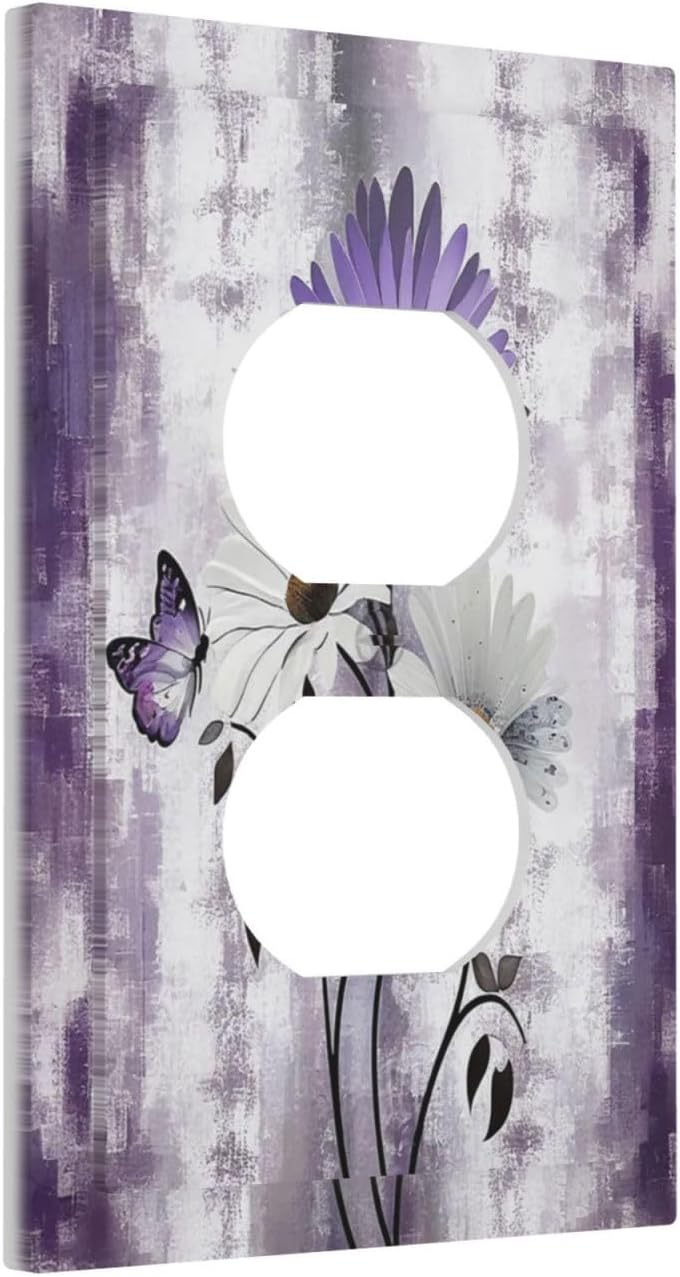 Purple Daisy White Floral Butterfly Flowers 1 Gang Duplex Receptacle Switch Wall Plate Decorative Switchplate Outlet Covers Electrical Plug Cover Faceplate for Bathroom Home Decor 5 X 3 IN