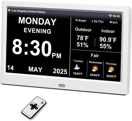 2025 Digital Clock with Weather Forecast & Temperature/Humidity Large Display,Auto Time Sync, Custom Alarms & Medication Reminders, Elderly Memory Loss (White, 10.1 Inch)