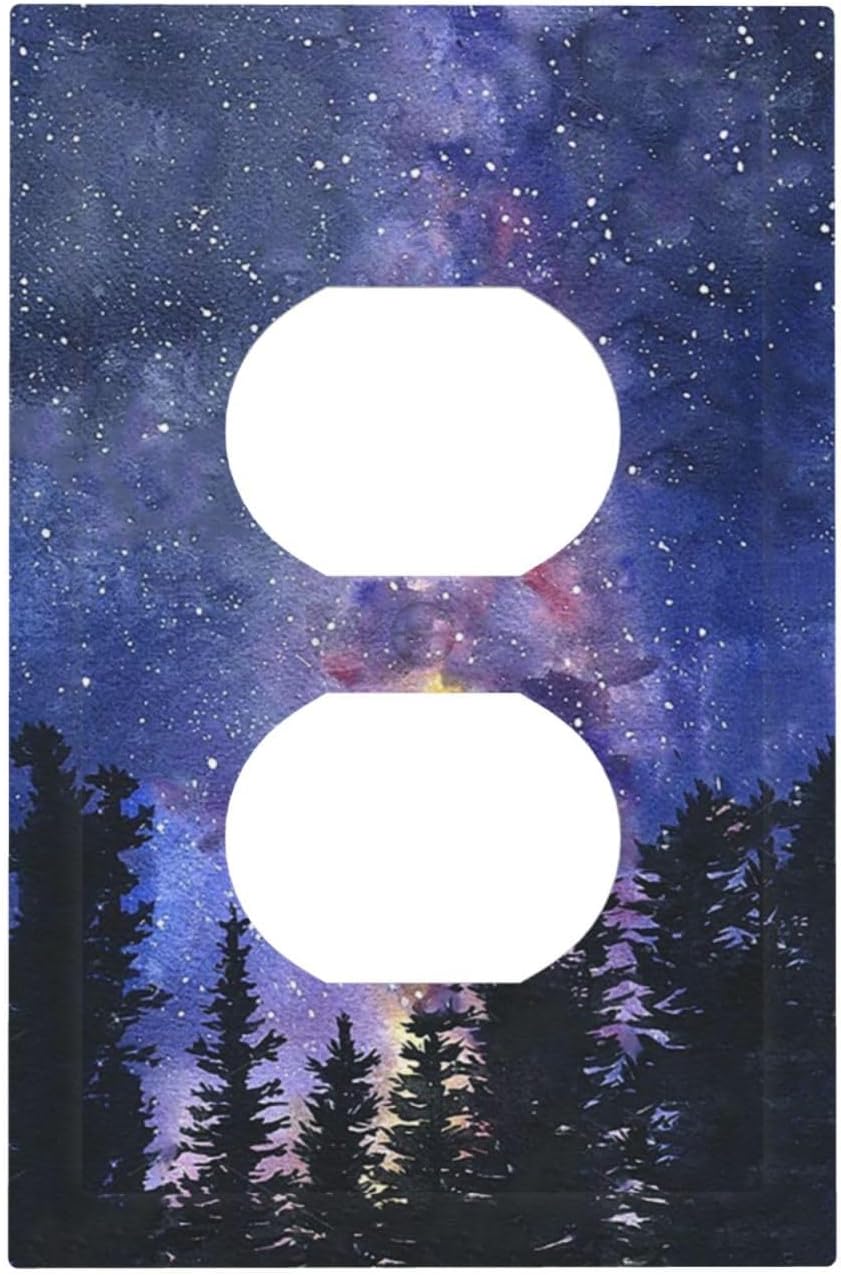 Outlet Covers Dream Milky Way Starry Forest Pine Watercolor Painting 1 Gang Duplex Electrical Receptacle Faceplate Light Switch Cover Wall Plate Decorative Switch Plates for Bedroom Home Decor