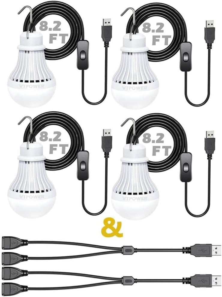 4 Pack USB LED Camping Lantern, 8.2 ft Extra Length Cord Tent Light with USB Y-Cable, Portable LED Bulb for Garage, Warehouse, Car, Truck, Fishing Boat, Room Emergency Light, White