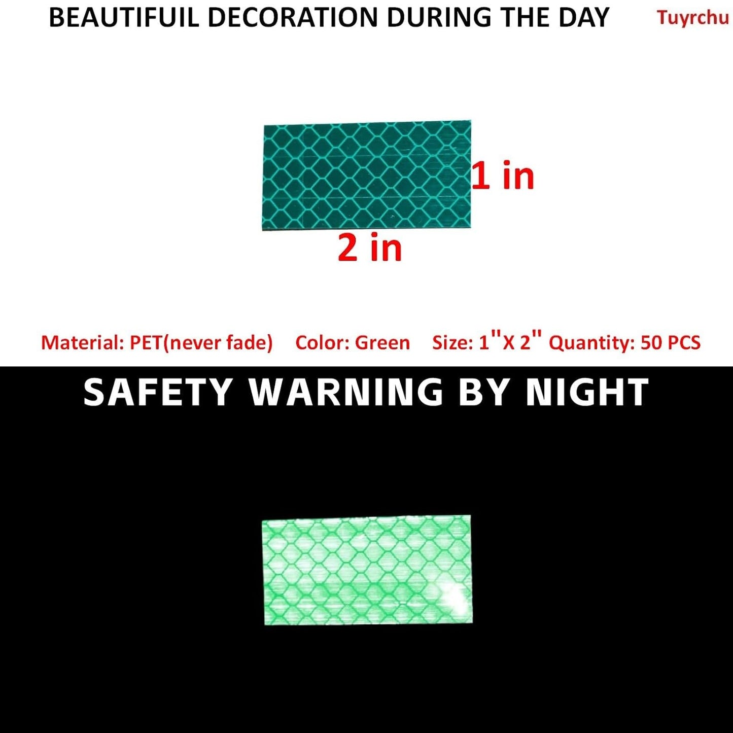 Non Fading Green Reflective Stickers 1 inch X 2 inch, Outdoor Waterproof High Visibility Warning Safety Adhesive Reflector Tape (50 Pcs)