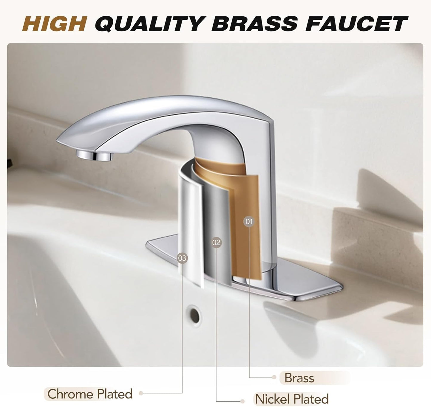 Gangang Commercial Touchless Bathroom Sink Faucet Cold and Hot Water Automatic Motion Sensor Basin Tap Mixer with Mixing Valve and Cover Plate (FBA 2)