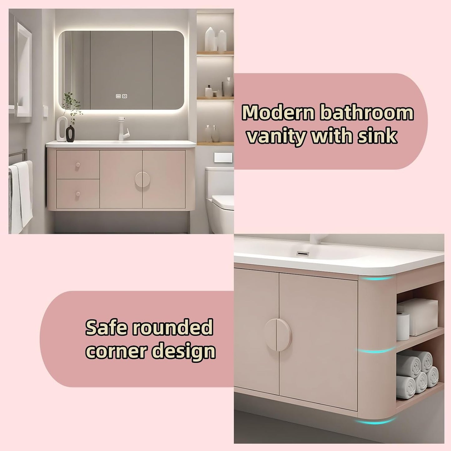 36IN Pink Modern Bathroom Vanity - Bathroom Vanities Set with 2 Drawers Wall Mounted | Rounded Corner Smart Defogging Mirror Cabinet with Lighting & Time Display, Side Opening Storage Shelf (Style A)