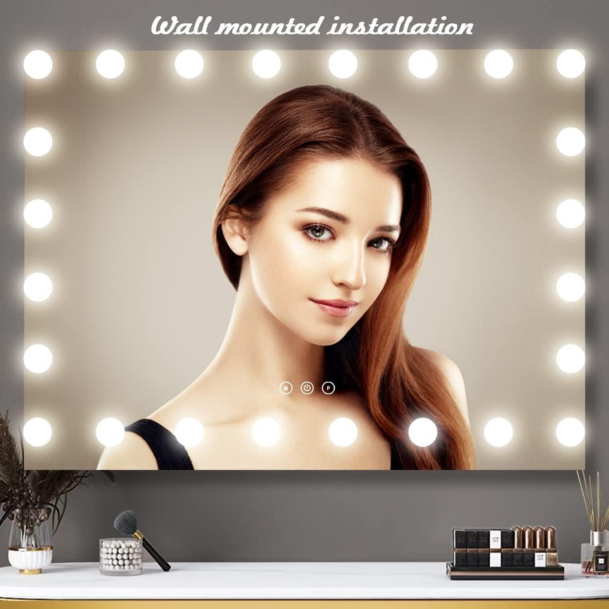 THEKLA 24 x 32 Inch Hollywood Light Vanity Mirror with 24 Bulbs Adjustable 3 Color Lights 32" Vanity Lighted Mirror for Bathroom Bedroom Wall Vanity Makeup Table Mirrors with Lights Base X10 Magnifier