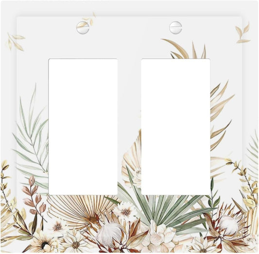 Decorative Outlet Covers Boho Leaves Watercolor Tan Leaf Floral Plant 2 Gang Double GFCI Rocker Electrical Wall Panels Light Switch Cover Plate for Bedroom Home Decor