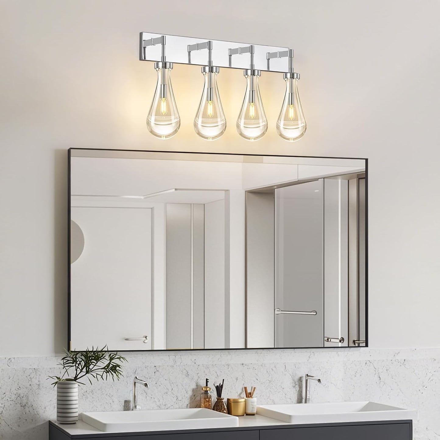 Raindrop Wall Sconces Chrome Crystal Sconces Wall Decor Modern Lighting Glass Bathroom Sconces Indoor Vanity Light Wall Lamp for Bedroom Living Room Stair(4-Light)