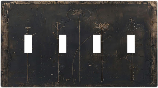 Light Switch Cover Plate Black And White Dandelion Art Vintage Wood Grain 4 Gang Quad Toggle Wall Plate Electrical Outlet Cover Decorative Switch Plate Covers for Farmhouse Cabin Decor