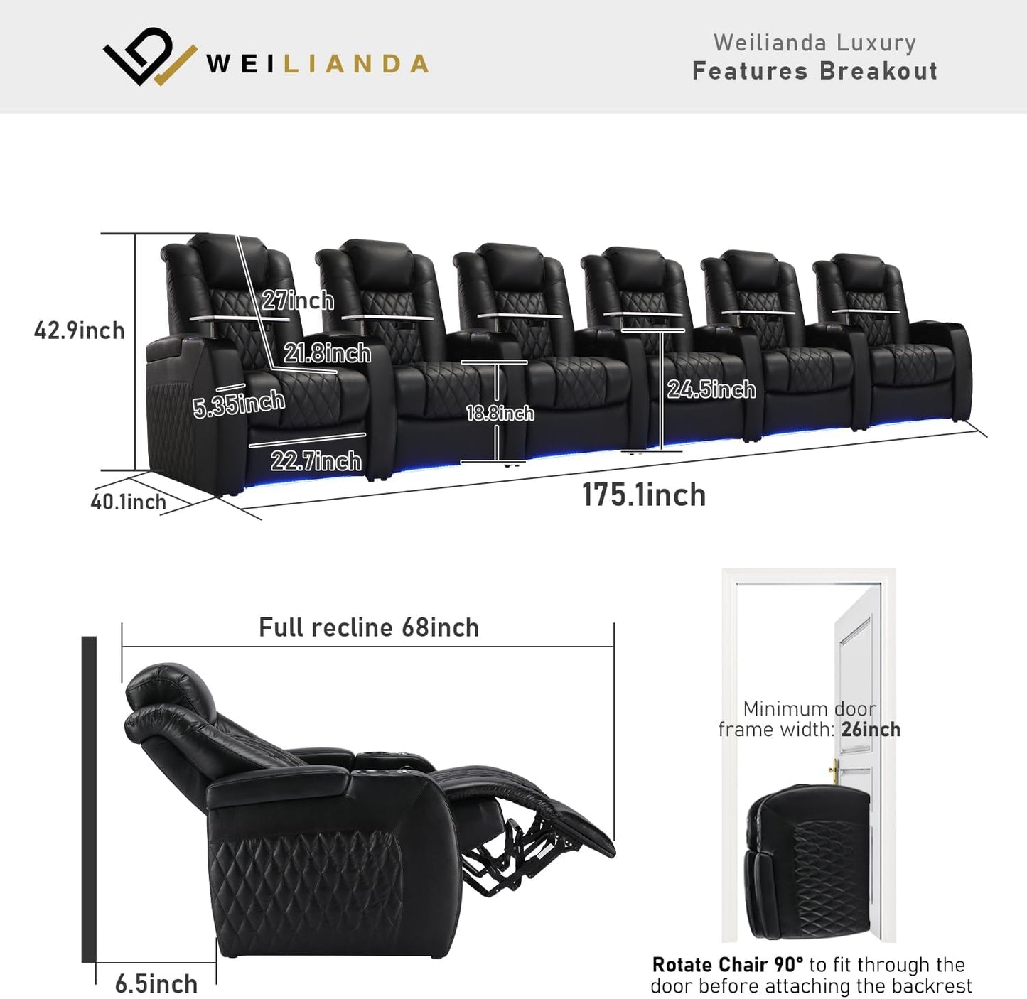 Weilianda Home Theater Seating Top Grain Leather Zero Gravity Recliner Chair Power Headrest Recline Movie Seat Gaming 7 Colors Mood Light Sofa with Tray Table USB Charge Row of 6 Black