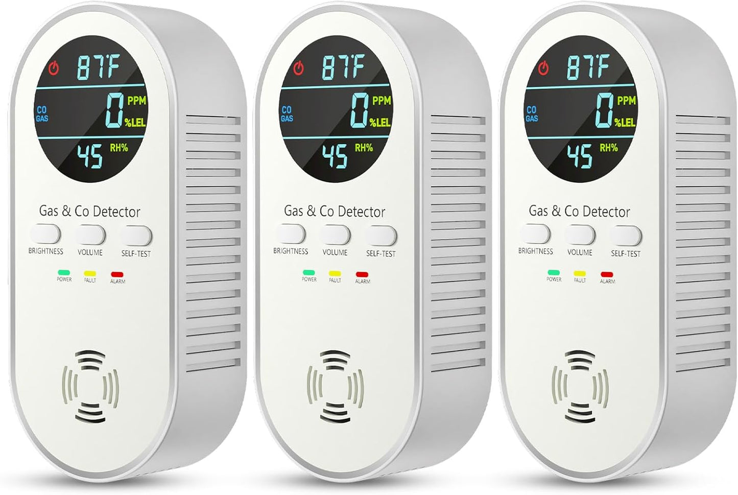 Carbon Monoxide Detectors Plug in & Gas Leak Detector, Travel Carbon Monoxide Detector with Battery Backup - Brightness & Volume Adjustment Temperature & Humidity for Home/RV/Travel/Camping (3 Packs)