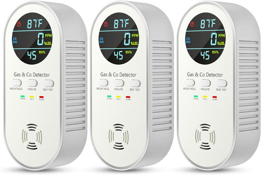 Carbon Monoxide Detectors Plug in & Gas Leak Detector, Travel Carbon Monoxide Detector with Battery Backup - Brightness & Volume Adjustment Temperature & Humidity for Home/RV/Travel/Camping (3 Packs)