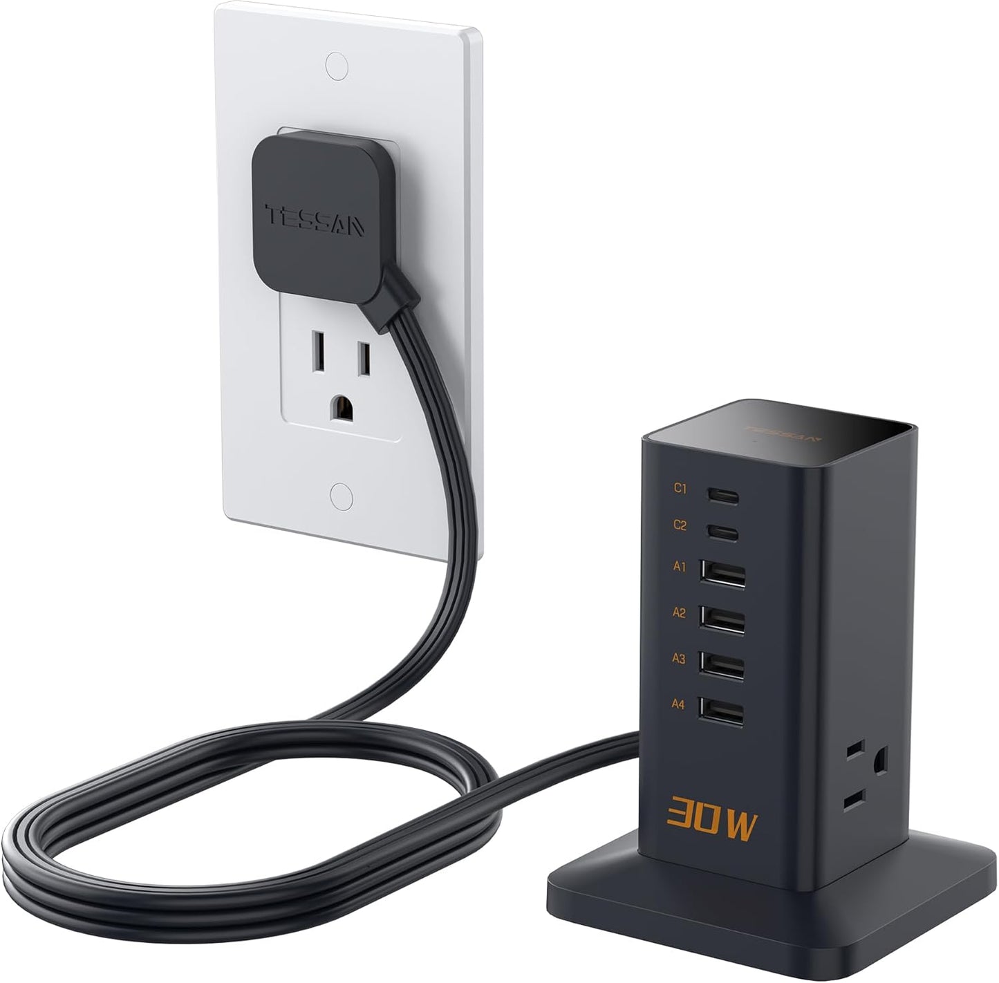 Charging Station 30W, TESSAN 9-in-1 Charger Blocks for iPhone 17/16/15/14, Tablets, Earphone with Surge Protector, 5ft Flat Extension Cord with 4 USB A, and 2 USB C for Home, Office, Dorm, Black